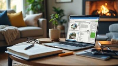 Image d'un salon cosy avec matériel scolaire et laptop prêt pour des cours de conduite en ligne.