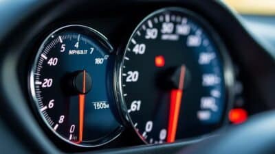 Détail d'un compteur de vitesse avec échelles mph et km/h côte à côte.