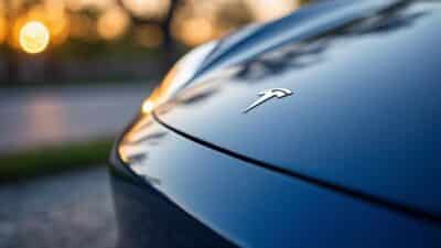 Image rapprochée du logo Tesla disparaissant en arrière-plan en Allemagne