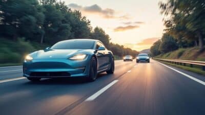 Vision futuriste d'une autoroute moderne avec voitures électriques sous changements législatifs