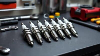 Vue détaillée des bougies d'allumage en iridium sur un banc d'atelier avec divers outils visibles.