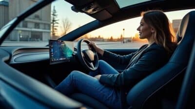 Conducteurs savourant une expérience fluide dans un cybercab Tesla avec des équipements technologiques avancés.