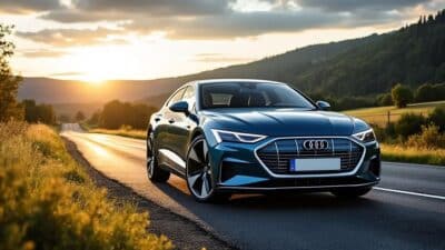 Véhicule électrique Audi stationné sur une route panoramique en Allemagne.