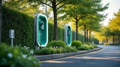 Une station de recharge pour voitures électriques intégrée dans un cadre naturel, représentant l'avenir durable du transport.