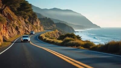 Vue captivante d'une route côtière avec des véhicules stationnés, mettant en évidence les charmes et dangers des grands espaces.