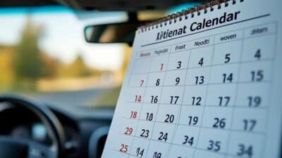 Plan rapproché d'un calendrier avec des dates clés pour l'examen de conduite, illustrant une méthode organisée.