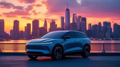 Moto LiveWire SHoncho devant horizon urbain vibrant à la tombée de la nuit