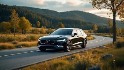 Un break Volvo électrique moderne sur une voie scénique entourée de paysages luxuriants suédois.