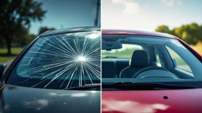 Image d'un ancien pare-brise craquelé à côté d'un neuf prêt à être installé.