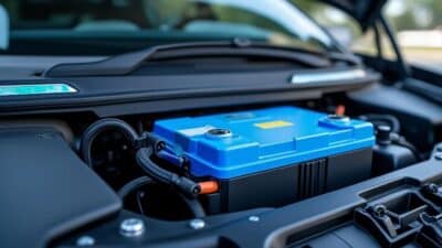 Batterie de véhicule électrique en gros plan, illustrant son design et technologie de pointe.