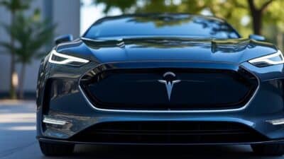 Calandre avant raffinée d'une voiture électrique, mettant en avant son design moderne et respectueux de l'environnement.