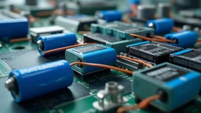 Image détaillée montrant l'assemblage minutieux des cellules de batterie en Chine, illustrant l'efficacité et la précision manufacturière.