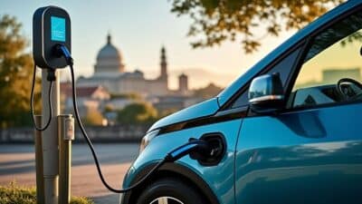 Recharge de véhicule électrique dans un cadre naturel mettant en avant l'éco-responsabilité.