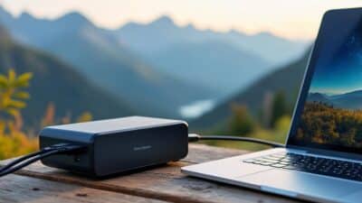 Image d'une station d'alimentation portable branchée à un ordinateur portable devant un paysage montagneux.