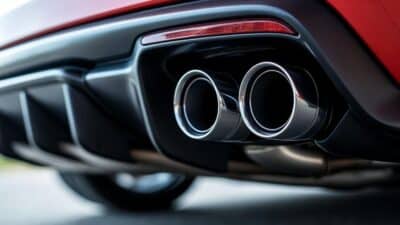 Image montrant les tuyaux d'échappement connectés à un moteur de véhicule avec un design sophistiqué.