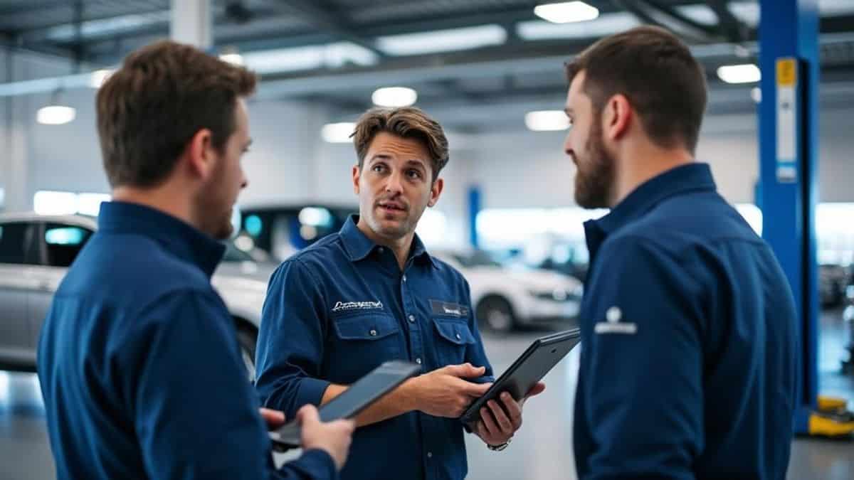Techniciens en discussion sur les mesures de sécurité dans la zone de service d'une concession pour véhicules rappelés.