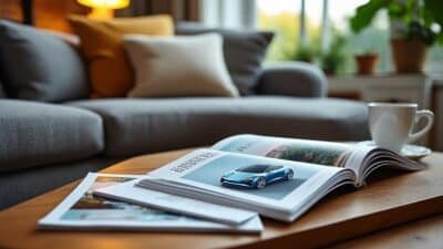 Salon douillet présentant des documents sur les véhicules électriques