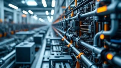 Vue rapprochée des pièces technologiques et opérationnelles de la machinerie d'une usine.