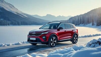 Voiture Kia stationnée à côté d'un lac gelé, mettant en valeur son endurance par températures basses.