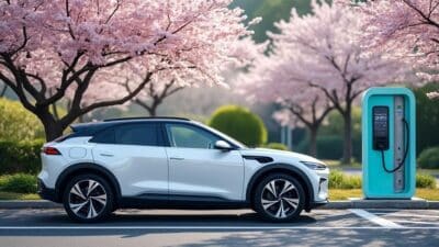 Voiture BYD électrique en chargement dans un cadre naturel avec des cerisiers