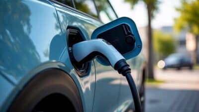 Une station de recharge où un véhicule électrique Xiaomi est branché, représentant l'énergie durable.