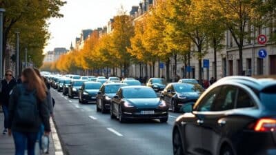 Scène de rue en ville française avec voitures électriques et faible émission