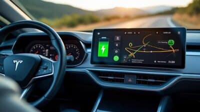 Image montrant le tableau de bord d'un SUV électrique avec des icônes de batterie et une fonction GPS pour un trajet.
