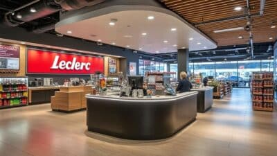 Image d'un espace intérieur de Leclerc avec un comptoir de services client pour réserver facilement.