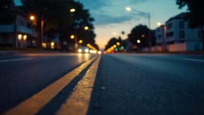 Rue déserte au crépuscule, le sentiment d'isolement avec une note mystérieuse sur voiture.