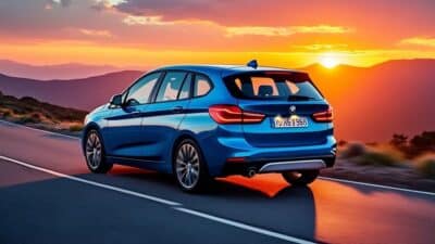 Arrière de la BMW Active Tourer Automatique contre un coucher de soleil éclatant, mettant en avant son design raffiné.