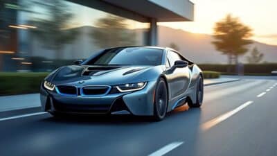 Image de la BMW i vue sous un angle frontal soulignant ses caractéristiques innovantes et luxueuses