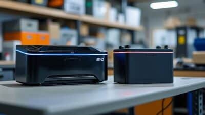 Comparaison visuelle de la batterie BYD Blade avec les batteries traditionnelles occidentales sur un établi
