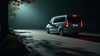 Image d'une voiture garée dans une zone sombre avec une ombre mystérieuse indiquant un possible vol.