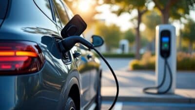 Un SUV électrique en train de recharger à une borne, incarnant des avancées en énergie durable et mobilité actuelle.