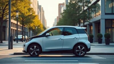 Image d'une voiture électrique petite et pratique pour les déplacements urbains, illustrée dans un cadre urbain.