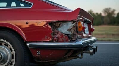 Image montrant les dommages du coffre du véhicule depuis l'arrière dans son environnement.