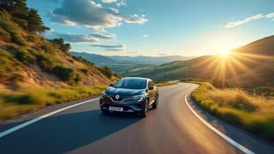 Une route française pittoresque avec une voiture électrique Renault en mouvement