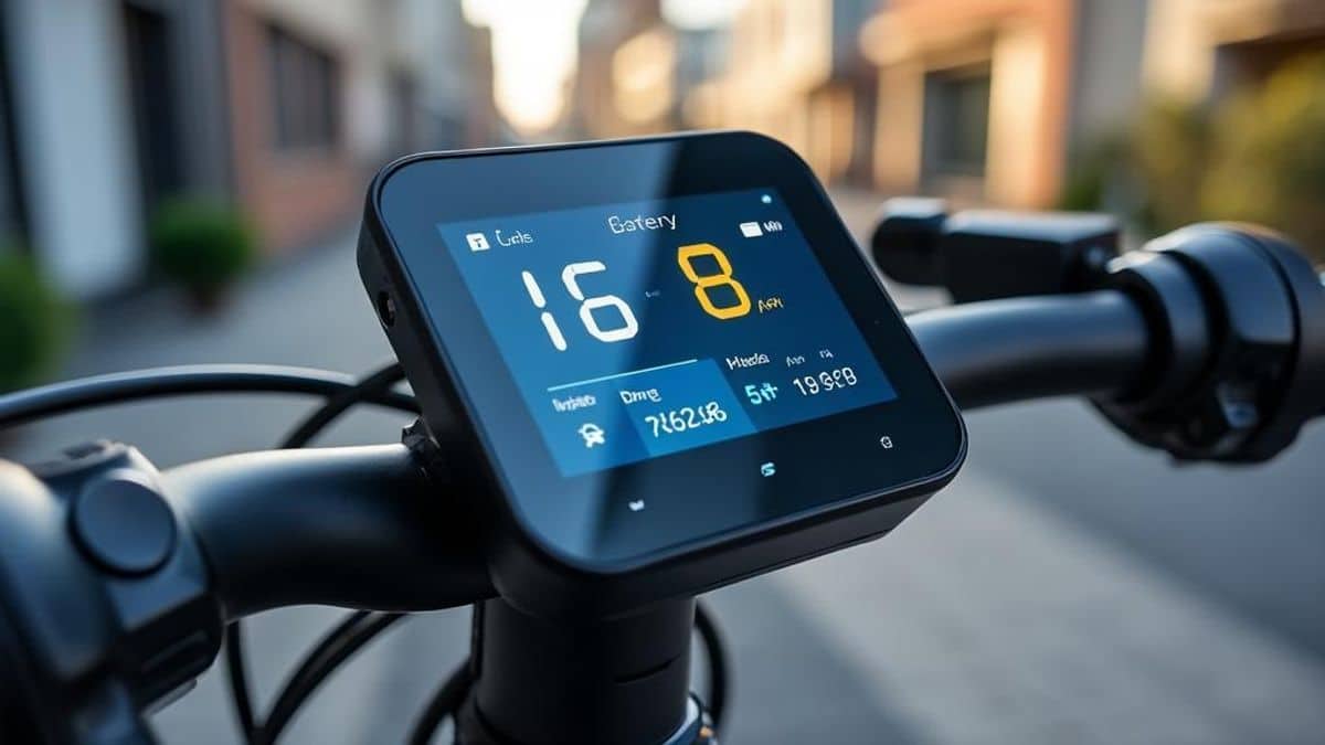 Zoom sur le tableau de bord numérique d'un vélo électrique avec affichage de la vitesse et de l'autonomie en ville.