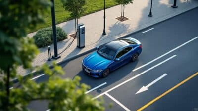 Image aérienne d'une BMW en train de se recharger, illustrant l'engagement pour un futur durable et moderne.
