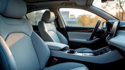 Vue intérieure illustrant les sièges spacieux et les matériaux luxueux de la voiture électrique Mitsubishi pour un confort optimal.