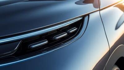 Grand angle de la voiture électrique Xiaomi avec un accent sur le design des prises d'air.