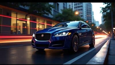 Mise en valeur d'une Jaguar sous un éclairage urbain dramatique.