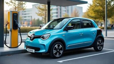 Renault Twingo Électrique en cours de chargement à une station publique, symbole de vie durable en ville.