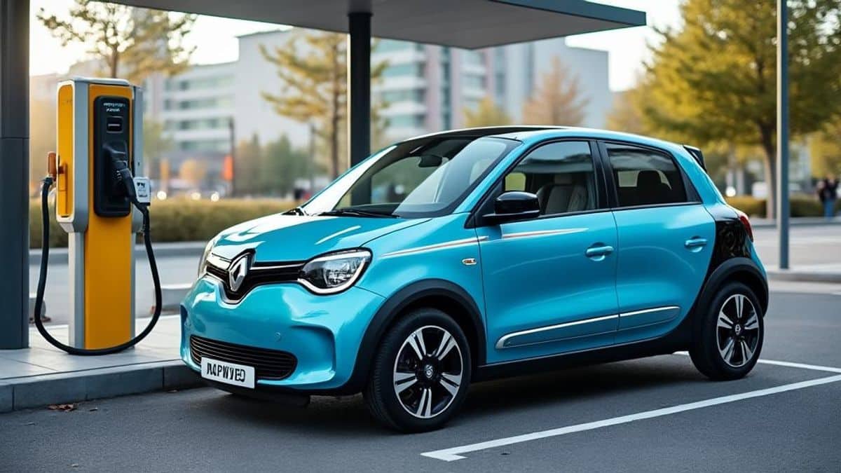 Renault Twingo Électrique en cours de chargement à une station publique, symbole de vie durable en ville.