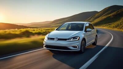 Vue latérale de la Volkswagen Golf électrique roulant dans la campagne pittoresque
