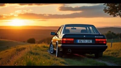 Image d'une Lancia Gamma vue de l'arrière près d'un paysage campagnard au coucher du soleil