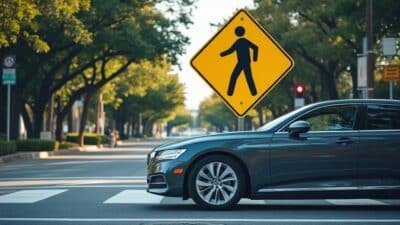 Vue latérale d'une voiture à l'intersection avec un panneau de signalisation jaune en losange.