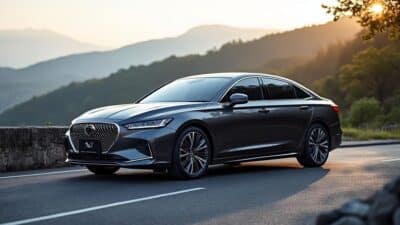 Berline chinoise vue de côté avec une silhouette stylée devant un paysage pittoresque.