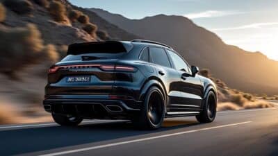Vue arrière de la Porsche Cayenne Magnum TechArt avec échappement sportif et silhouette agressive.