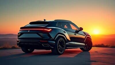 Vue arrière de la Lamborghini Urus contre un magnifique coucher de soleil